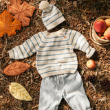 Knitted Beanie - Blue/Oat Stripe