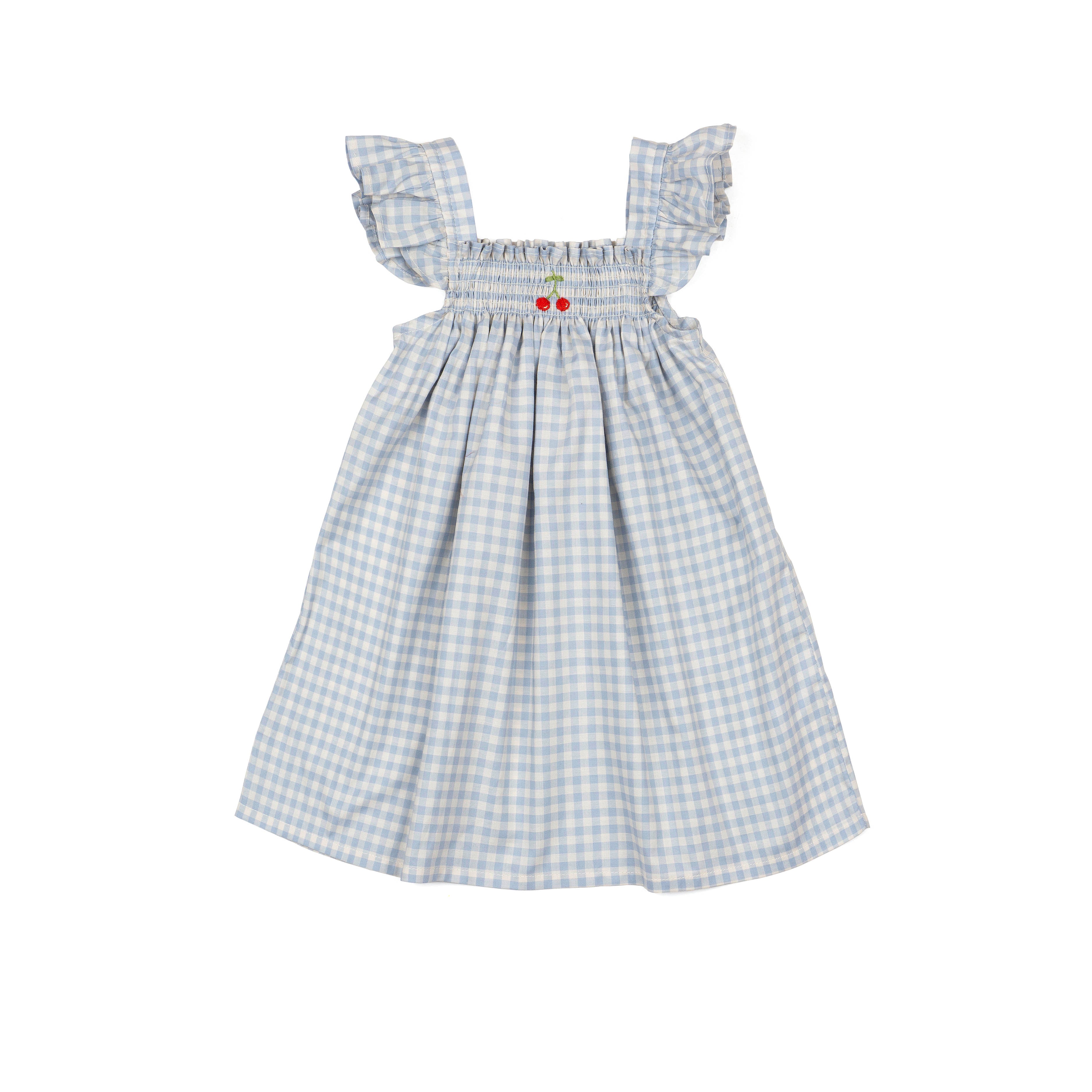 SMOCK FLUTTER DRESS 3/4y / BLUE GINGHAM/CHERRY SMOCK FLUTTER DRESS 3/4y / BLUE GINGHAM/CHERRY