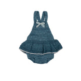 Velvet Bow Romper - Aegean Blue