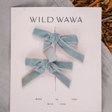 Velvet Bow Clip Set - Aegean Blue