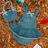 Velvet Bow Romper - Aegean Blue
