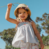 Ruffle Pant Set in Blue Gingham/Cherry