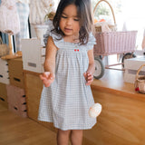 Smock Flutter Dress in Blue Gingham/Cherry