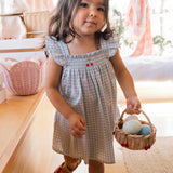 Smock Flutter Dress in Blue Gingham/Cherry