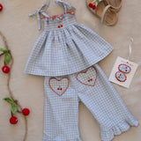 Ruffle Pant Set in Blue Gingham/Cherry